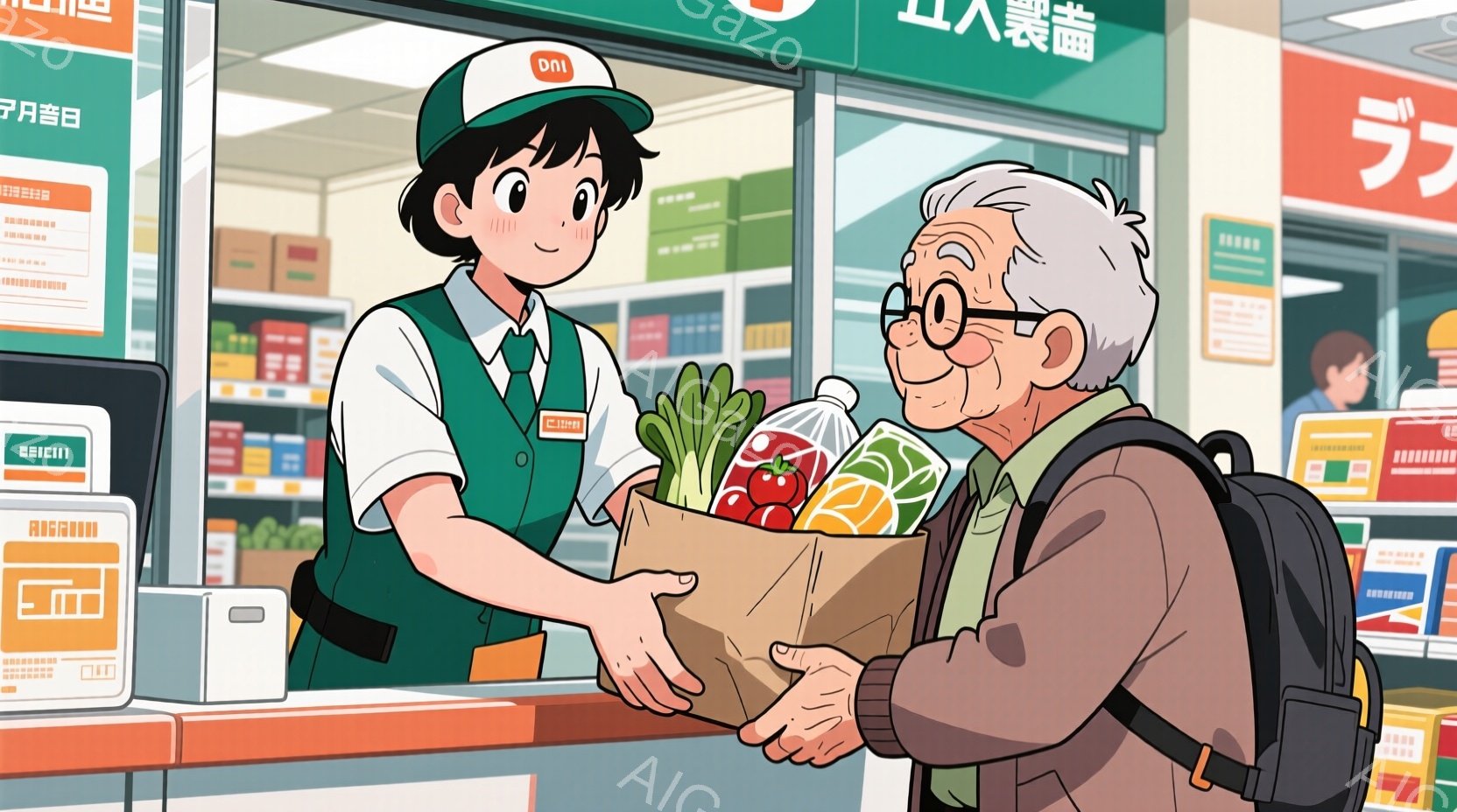 スーパーマーケットのレジで買い物をしている場面を描いています。若い女性店員は緑色の制服を着て、笑顔で買い物客に袋を手渡しています。高齢の男性は黒縁メガネをかけ、リュックサックを背負い、感謝の表情で袋を - AI生成フリー素材