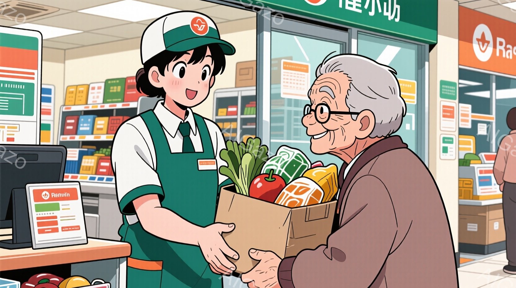 若い女性店員は緑色の帽子と制服を着て、笑顔でレジでお年寄りの男性に買い物袋を渡しています。男性は白髪で眼鏡をかけ、温かい笑顔で袋を受け取っています。背景には商品が並んだ棚があり、明るく活気のあるスーパ - AI生成フリー素材