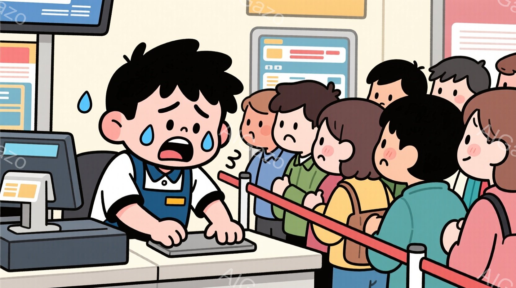 レジの前に長い列ができ、若い男性店員は困り果てた表情でレジ操作をしている。彼は青いシャツに赤いエプロンをつけ、汗をかき、非常に疲れている様子だ。背景にはレジの機械と、黄色やオレンジ色の服を着た顧客たち - AI生成フリー素材