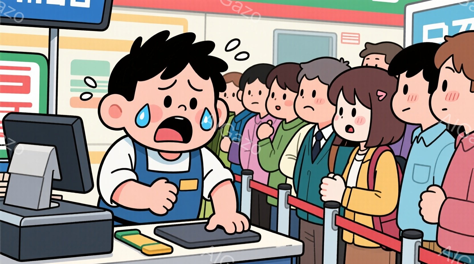 レジに並ぶ人々が描かれています。レジ担当の少年は青いシャツに黄色のエプロンを着て、困った表情でパソコンに向かっており、額には汗が浮かんでいます。背景には、様々な服装をした人々が列を作っており、やや不機嫌そうな表情をしています。