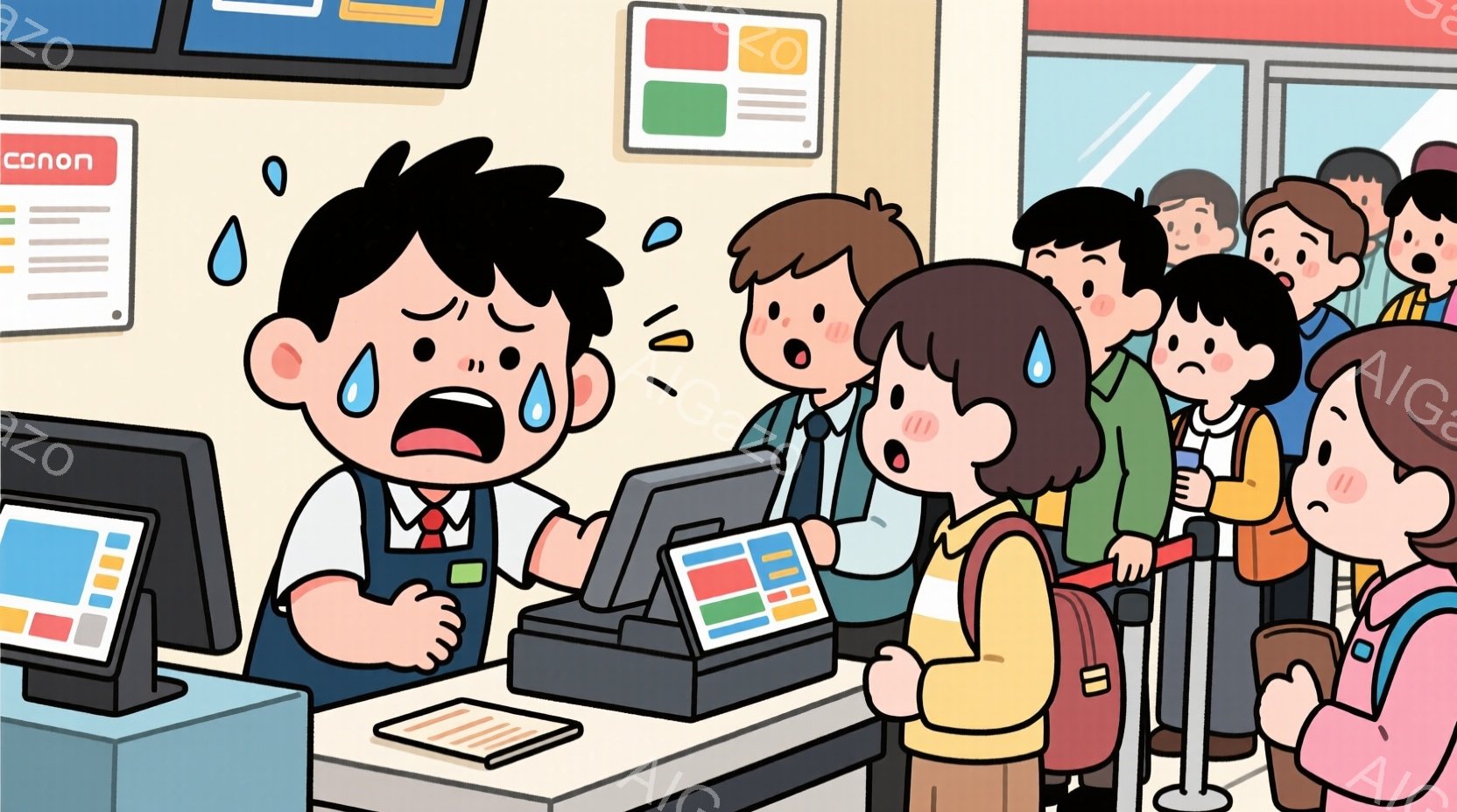 制服を着た少年がレジの前に立っており、非常に緊張した表情で汗をかいています。背景には、リュックサックを背負った生徒たちが列を作っており、少し不安そうな表情をしています。レジカウンターと背景の壁に掲示されたポスターが、学校または公共施設の内部である可能性を示唆しています。