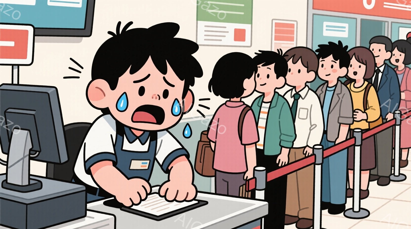 レジに座っている少年は青い制服を着ており、驚いた表情で目に汗を浮かべています。彼は白いキーボードに向かって座り、少しうつむき加減です。後ろには、様々な服装の人々が列を作っており、落ち着いた表情で待っています。