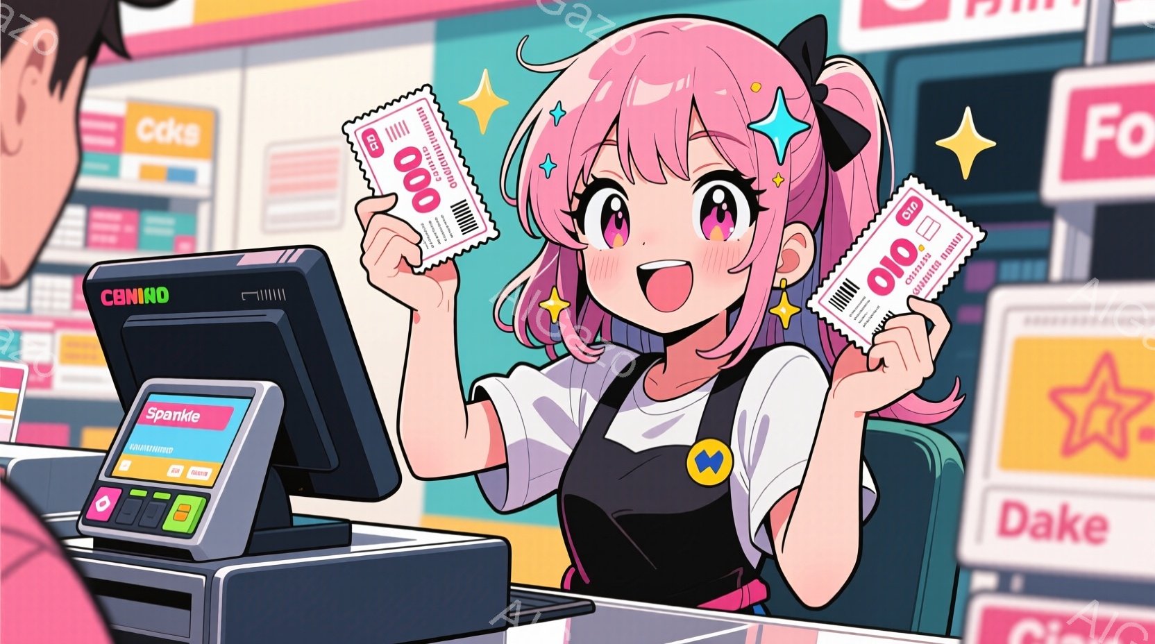 甘いあそびが楽しみで、マイドル風のキャラクターがコンビニでお店に入る。大喜びでお店の裏口に手を挙げ、「すごく楽しい！」と言っている。背景は明るく、店内の商品や表示などが見える。