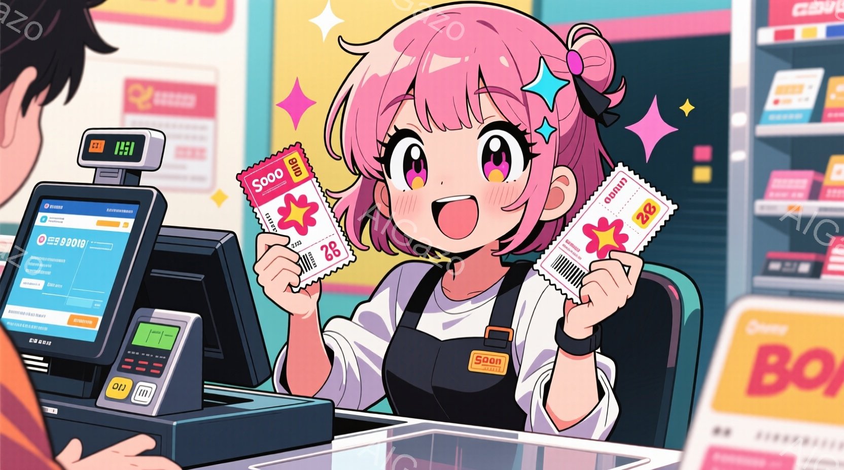 明るいピンク色の髪をツインテールにした若い女性が、レジカウンターの前で両手にチケットを掲げて笑顔を浮かべている。彼女は白いブラウスにエプロンを着用し、全体的に元気で活気のある印象を与える。背景にはレジ - AI生成フリー素材