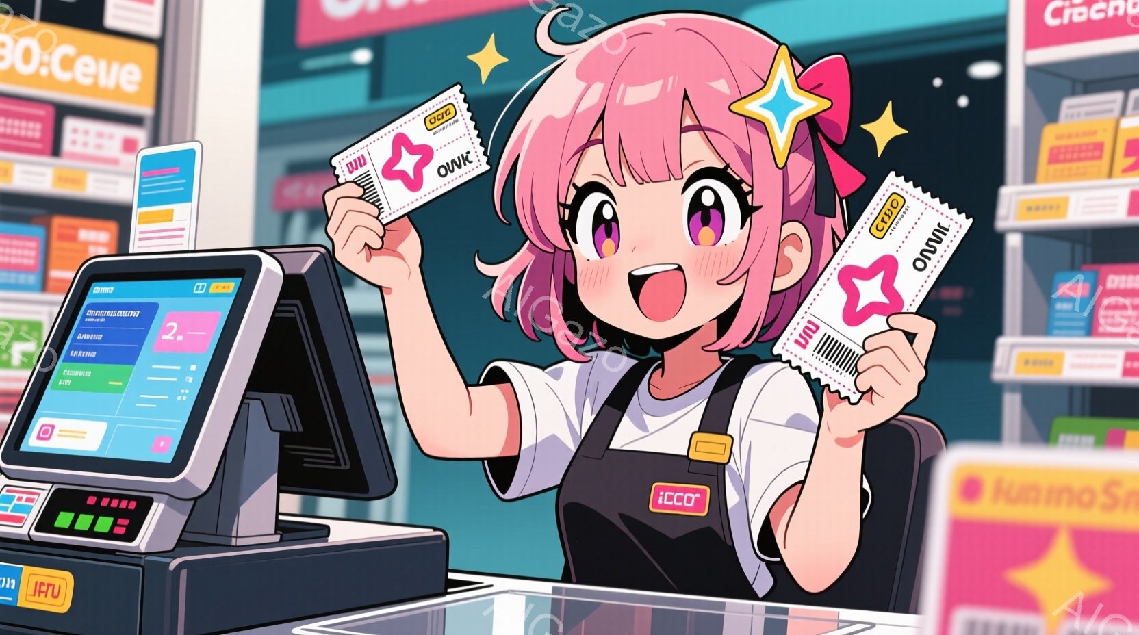 明るいピンク色の髪をツインテールにした若い女性が、レジカウンターで勝利のポーズをとっています。白いブラウスに黒いエプロンをつけ、嬉しそうな表情で、何枚かのレシートを高く掲げています。背景には商品棚が並 - AI生成フリー素材