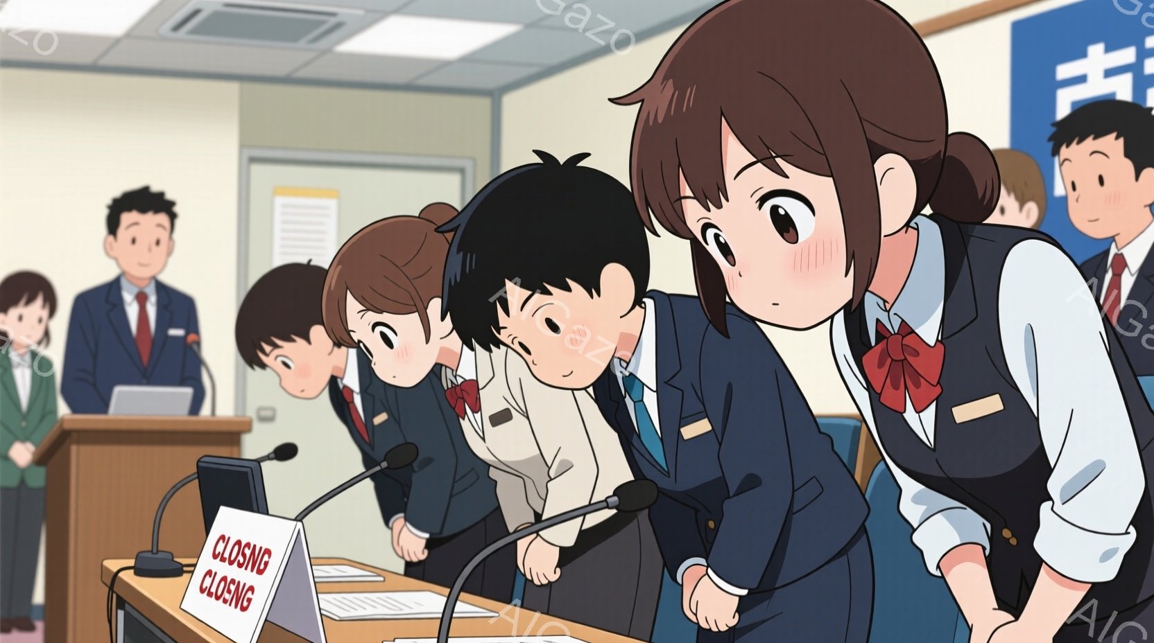 制服を着た若い女性と男性がテーブルの前に並んで座っており、緊張した表情をしています。女性たちは白いブラウスにネクタイとベスト、男性は紺色のスーツを着ています。背景には、他の人物や「CLOSING」と書 - AI生成フリー素材