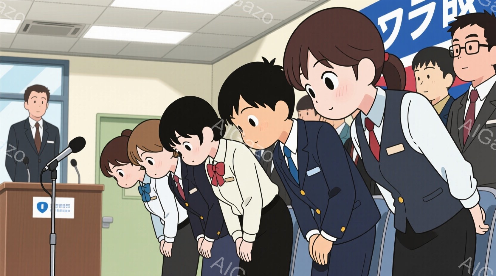 制服を着た若い女性たちが一列に並んで深々と頭を下げている様子が描かれています。彼女たちは青いブレザーに白いシャツ、赤いネクタイまたはリボンを着用し、真剣な表情をしています。背景には、スピーチをしている男性と、青い背景に文字が書かれた壁があり、室内であることがわかります。