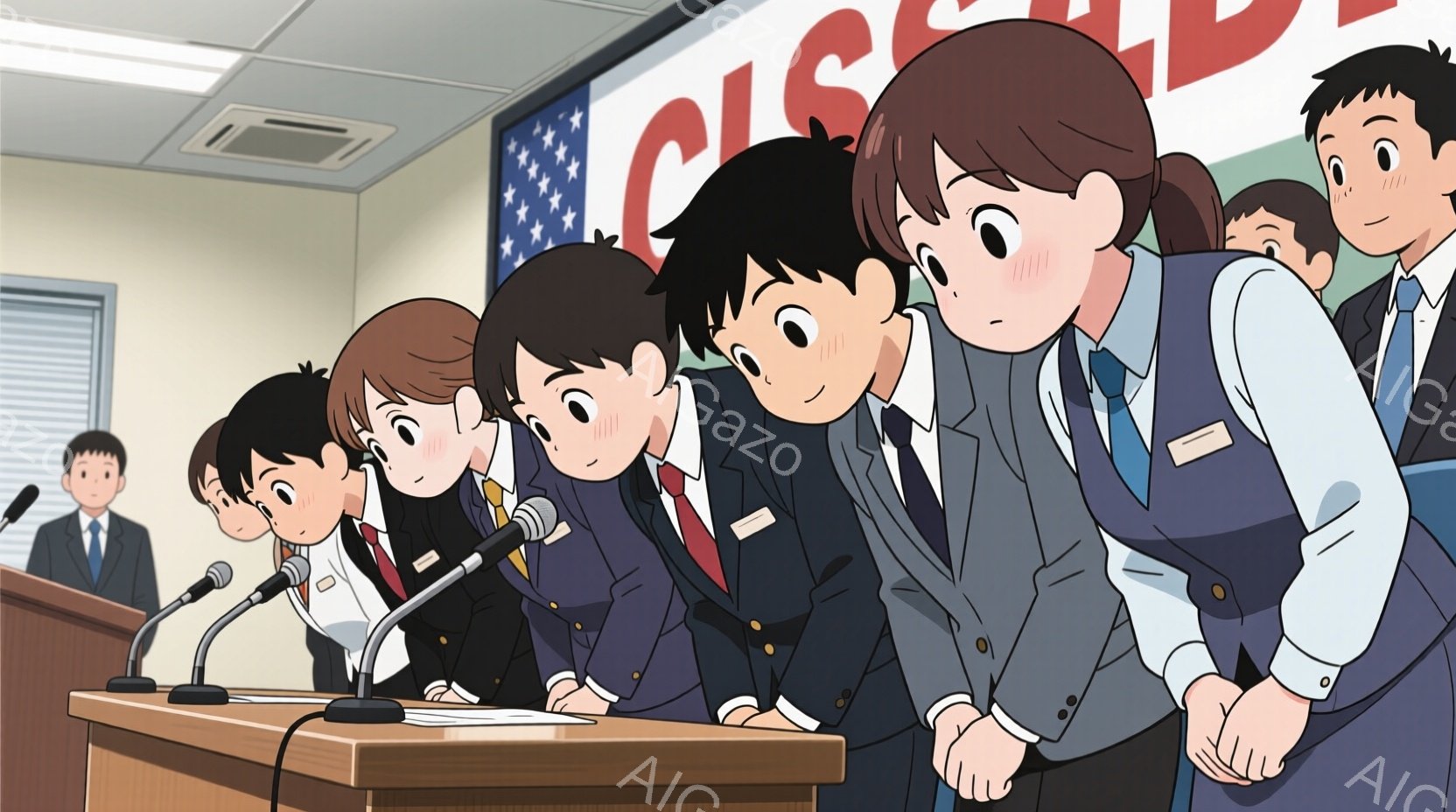 複数の人物が、青いベストと白いシャツ、黒いズボンという服装で、一列に並んで立っています。彼らは皆、顔を赤らめ、下を向いており、緊張した様子が伺えます。背景にはアメリカ国旗の一部と、木製の演台があり、フォーマルな雰囲気の室内であることがわかります。