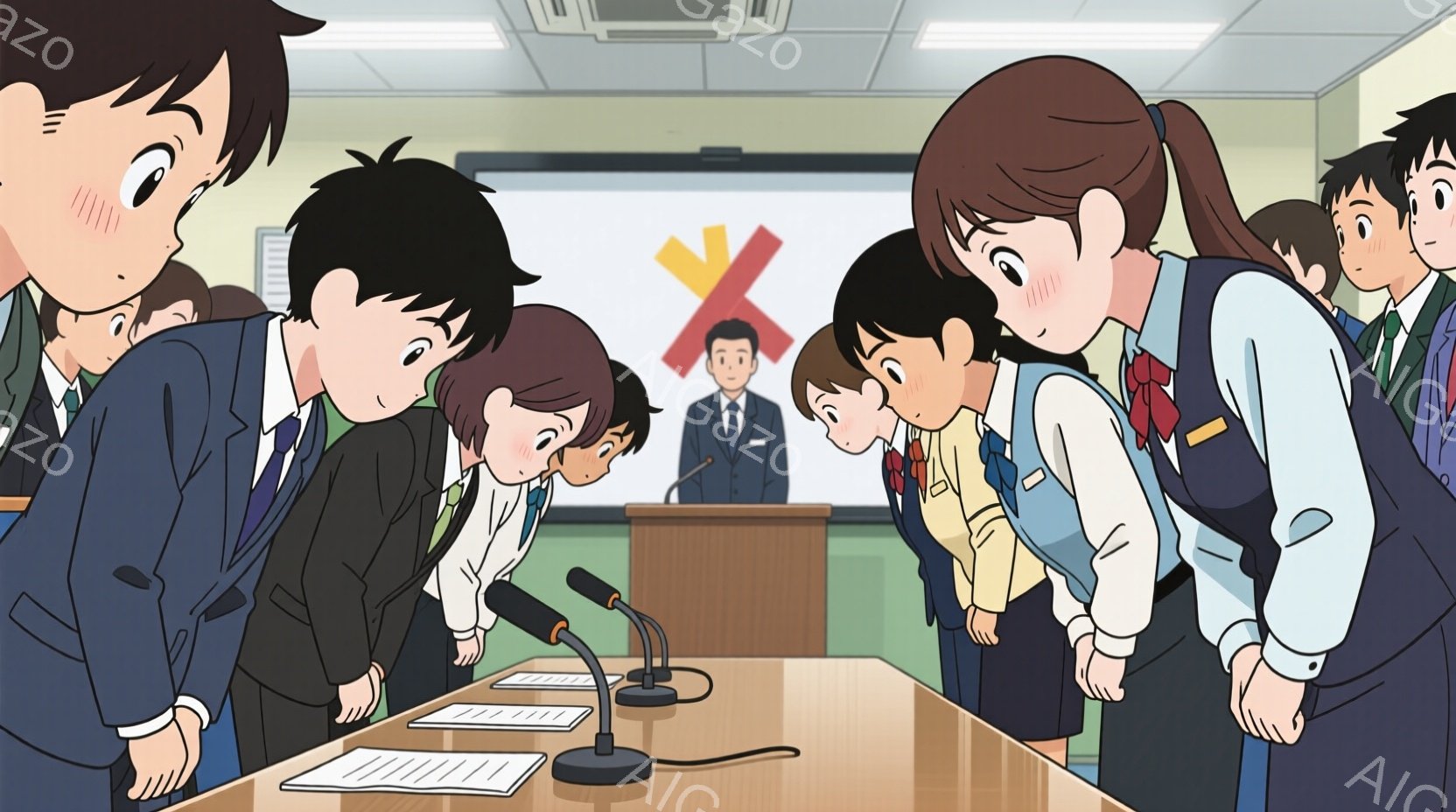 複数の生徒たちがテーブルに向かって深々と頭を下げています。彼らは皆、紺色のブレザーに制服を着ており、髪型も様々です。背景には壇上に立つ男性と、赤い×印が描かれたスクリーンが見え、厳粛な雰囲気の会議室のような場所であることがわかります。