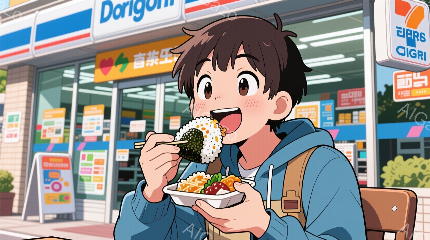 若い男性がコンビニの前で、おにぎりと様々な惣菜が盛られたトレーを美味しそうに食べている。彼は茶色の髪で、ブルーのパーカーとベージュのベストを着用し、驚いたような満面の笑みを浮かべている。背景には、鮮やかな看板が並ぶコンビニエンスストアと緑豊かな植物が見え、晴れた日の賑やかな雰囲気が漂っている。