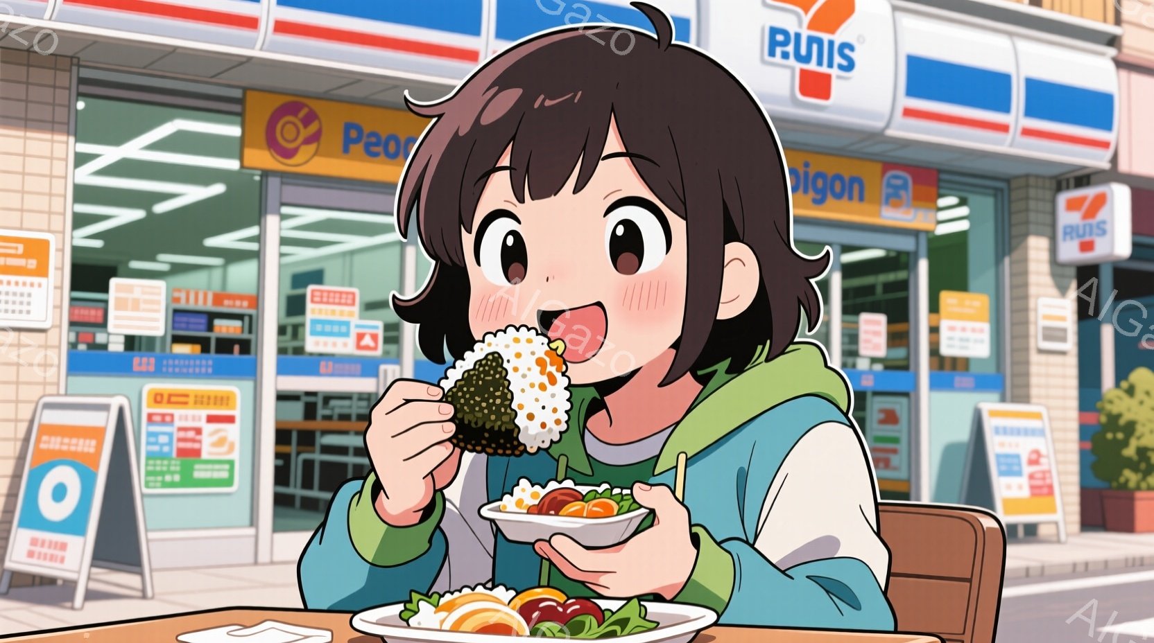 短い茶色の髪の女性が、屋外のテーブルで三角形のおにぎりを美味しそうに食べています。彼女は白いシャツに薄い緑のカーディガンを着ており、満面の笑みを浮かべています。背景には、日本のコンビニエンスストア「ローソン」と緑豊かな植物があり、晴れた日の穏やかな雰囲気が漂っています。