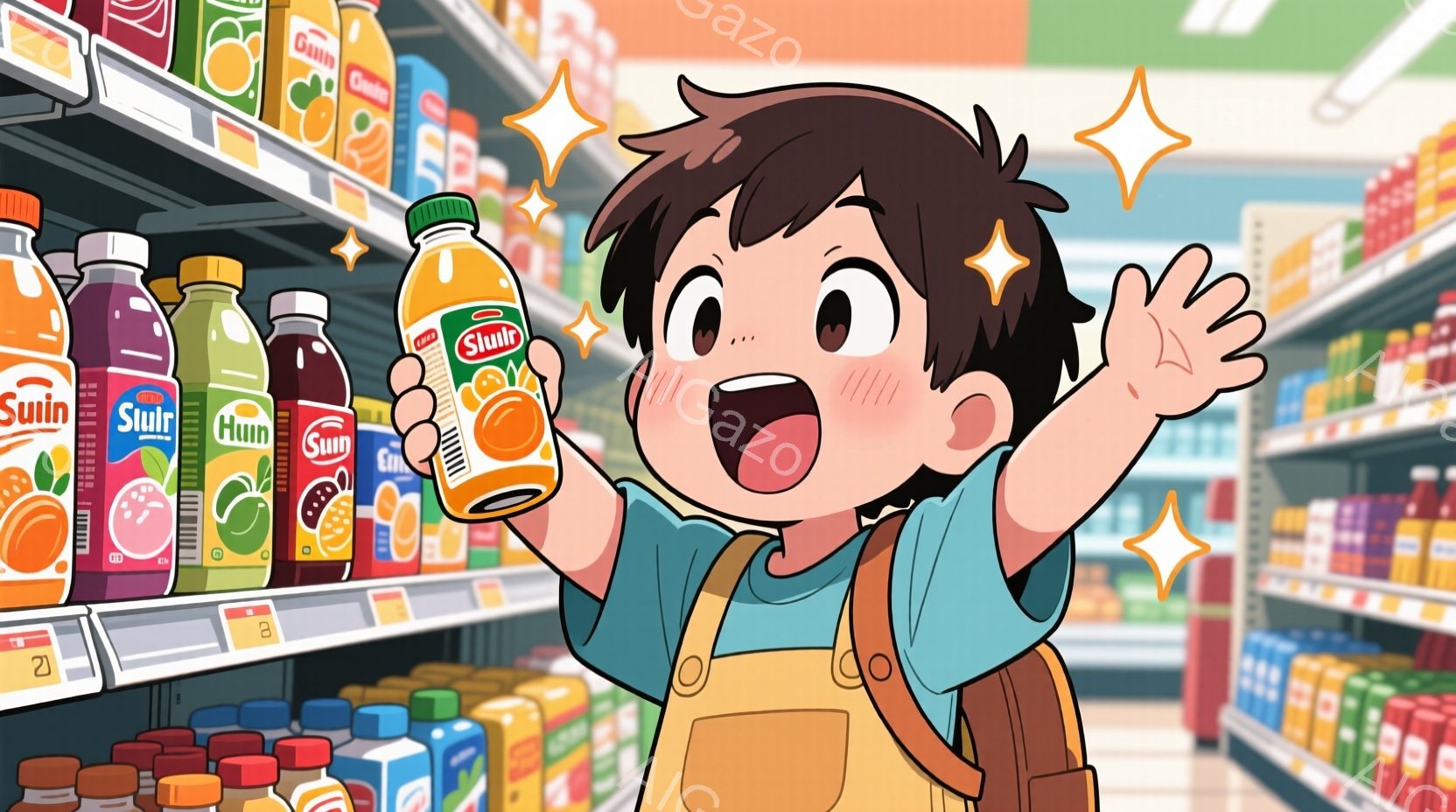 明るい笑顔を浮かべた少年が描かれています。彼は緑色のTシャツと黄色のエプロンを着ており、茶色の髪は短く整えられています。背景には、様々な種類のジュースや飲み物が並んだスーパーマーケットの棚があり、キラキラしたエフェクトが少年の周りを囲んで、喜びと興奮の雰囲気を強調しています。