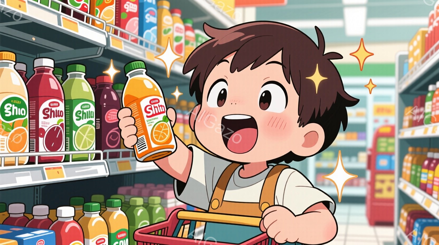 オレンジ色の飲み物を手に持った、茶色の髪の少年が描かれています。少年はオーバーオールを着ており、顔は喜びで赤らみ、口は大きく開いています。背景には、様々なジュースボトルが並んだスーパーマーケットの棚と、赤い買い物かごが見えます。