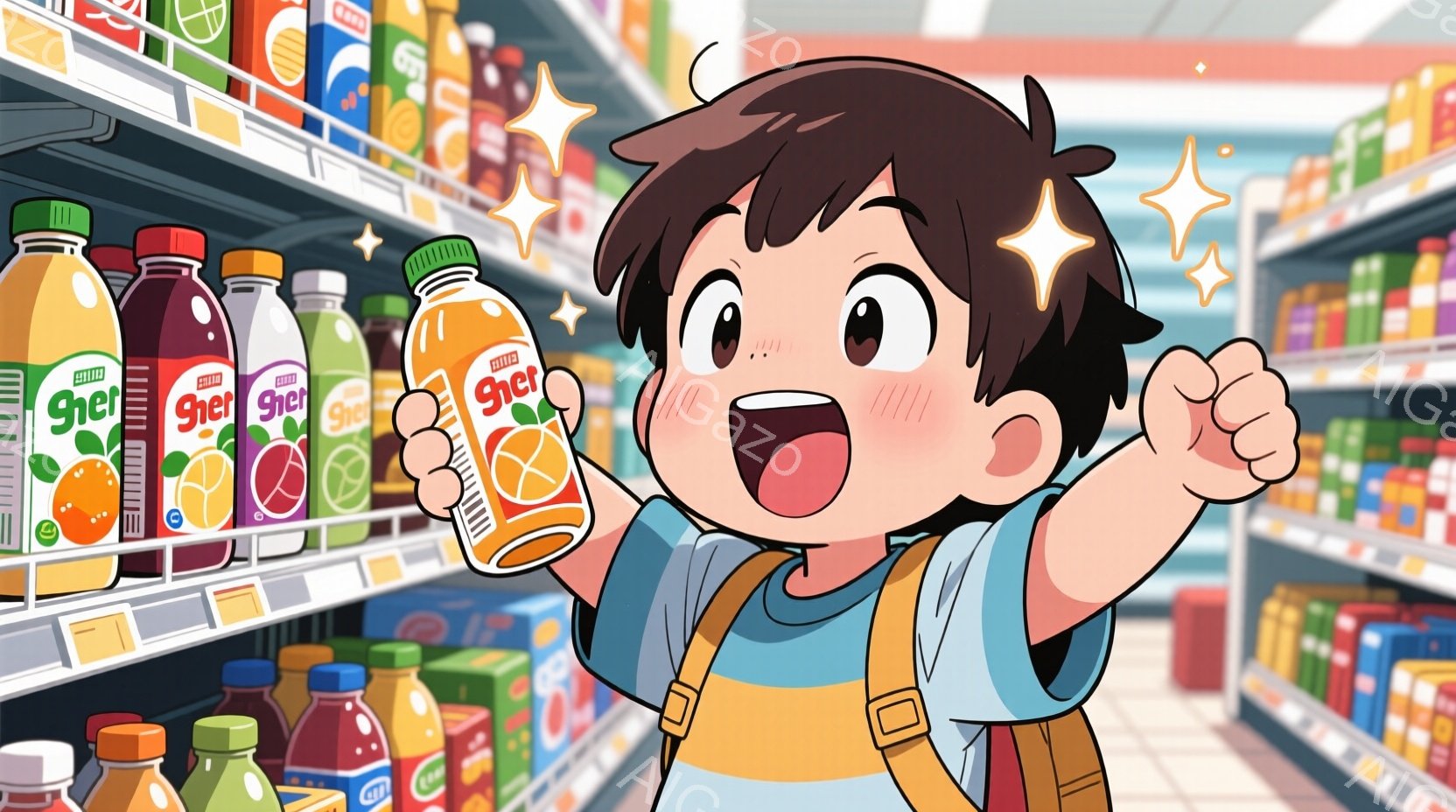 男の子はオレンジ色のラベルのジュースボトルを手に、満面の笑みを浮かべています。彼は黄色のシャツにバックパックを背負っており、活気に満ちたスーパーマーケットの棚の前で興奮している様子です。背景には、様々な種類のジュースや飲み物が並んだ棚が続き、全体的に明るく楽しい雰囲気です。