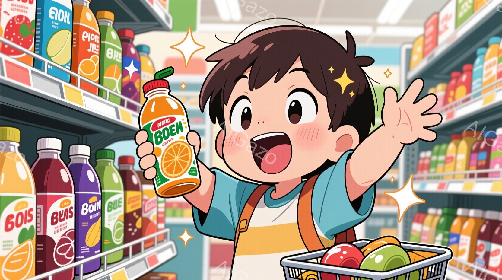 少年はオレンジ色のラベルのボトルドリンクを両手で高く掲げ、満面の笑みを浮かべている。彼はオレンジ色のエプロンと短い茶色の髪をしており、活気に満ちたスーパーマーケットの棚の前でショッピングカートを押している。背景には様々な色のボトルドリンクが並び、明るく楽しい雰囲気が漂っている。
