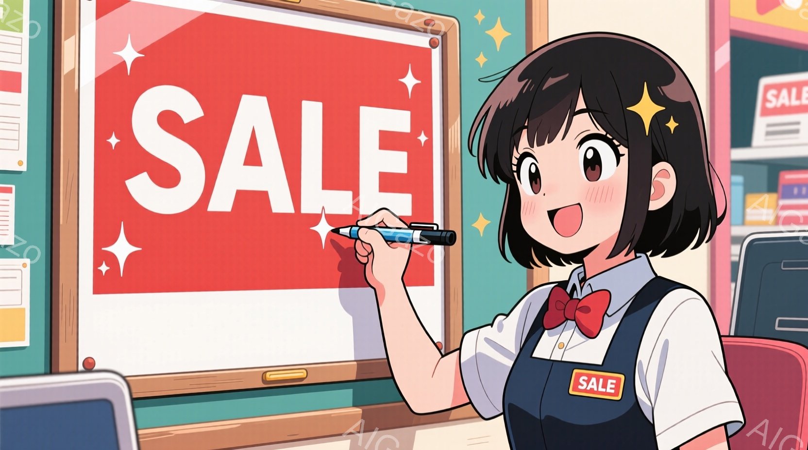 若い女性が赤いSALEのボードにペンで何かを書き込んでいます。彼女は白いブラウスにベスト、赤いリボンを身につけており、笑顔で明るい表情をしています。背景には他のセールボードや機械が見え、店内の活気ある - AI生成フリー素材