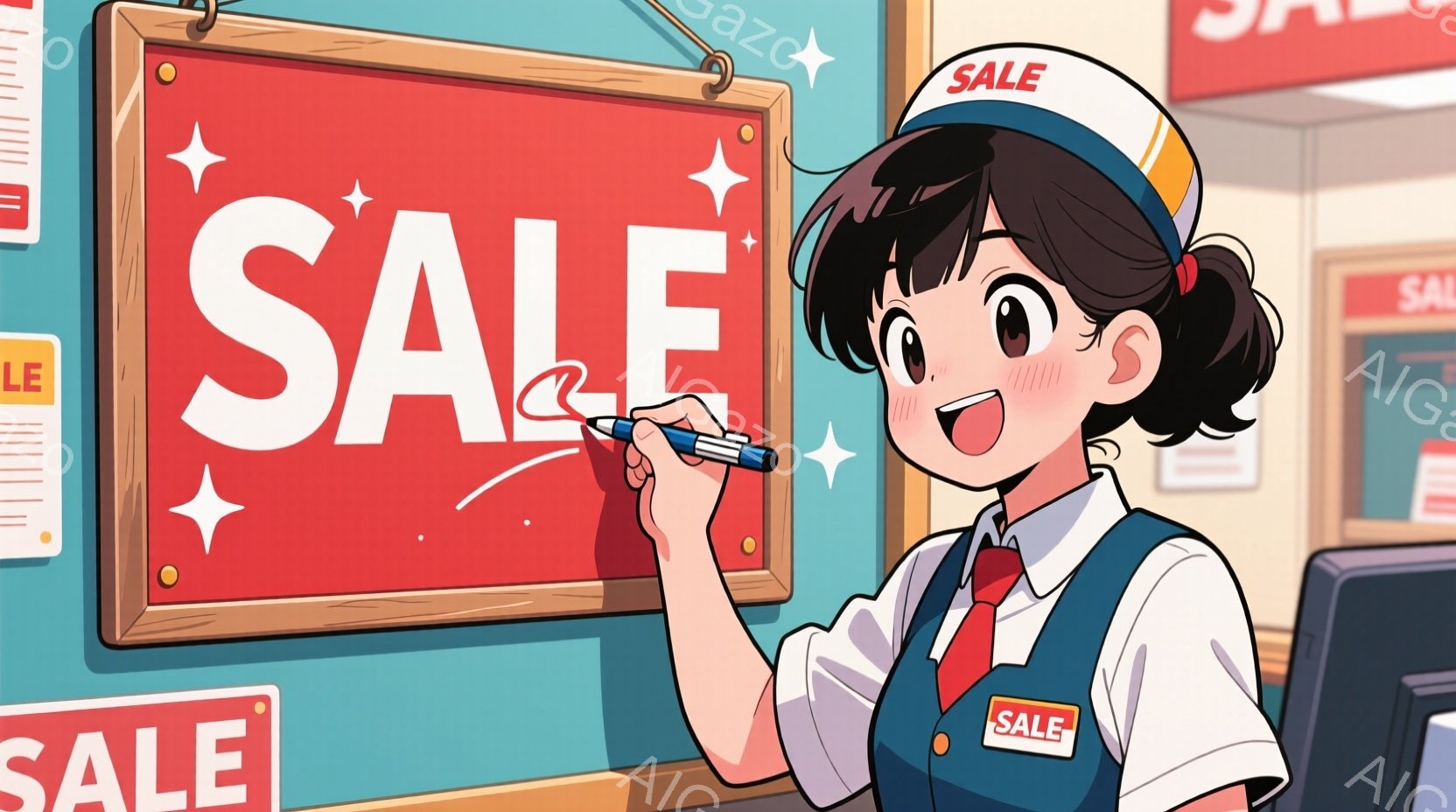 明るい笑顔の若い女性が、赤い「SALE」と書かれたボードにペンで書き込みをしている。彼女は白いブラウス、ネイビーのベスト、赤いバンダナを頭に巻いた制服を着ており、元気いっぱいの表情をしている。背景には他の「SALE」の看板が見え、店内の賑やかな雰囲気が伝わってくる。