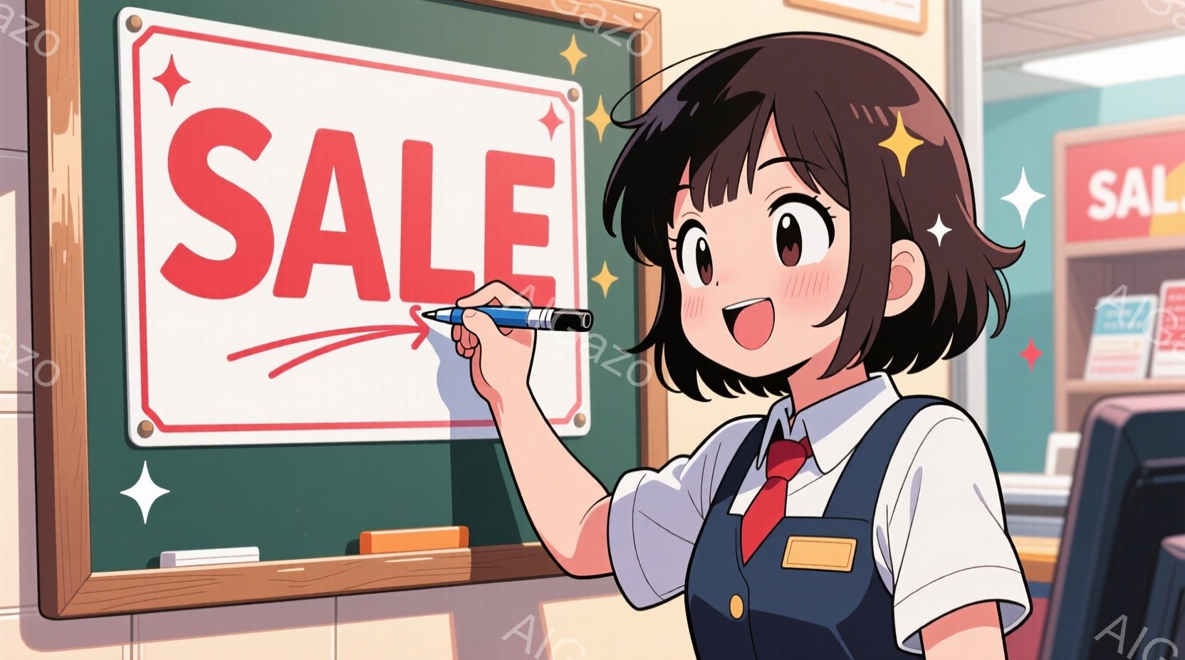 若い女性が黒板に「SALE」と書いているイラストです。彼女は紺色のベスト、白いシャツ、赤いネクタイを着用しており、黒髪を肩の長さでカットしています。顔は明るく微笑んでおり、エネルギッシュな雰囲気が漂っ - AI生成フリー素材