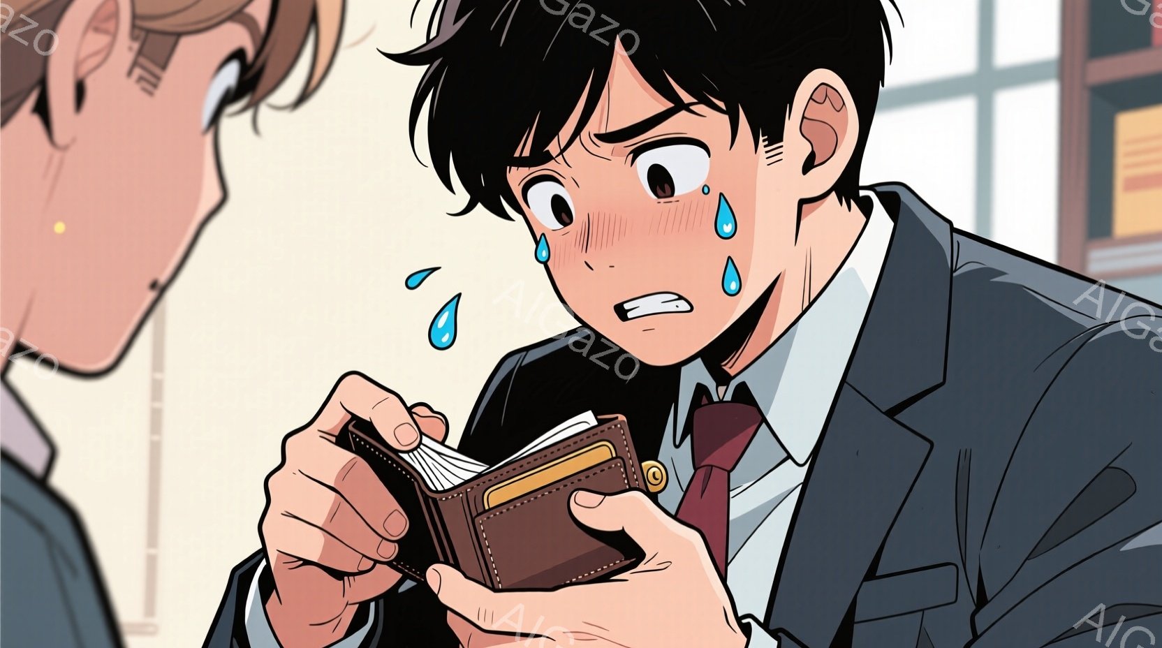 若い男性が困った表情で財布の中身を確認している様子が描かれている。彼は紺色のスーツに赤いネクタイを締め、黒髪を短く整えているが、目には涙が浮かび、顔は蒼白になっている。背景にはぼやけた室内が描かれており、まるで漫画のコマのように表現されている。