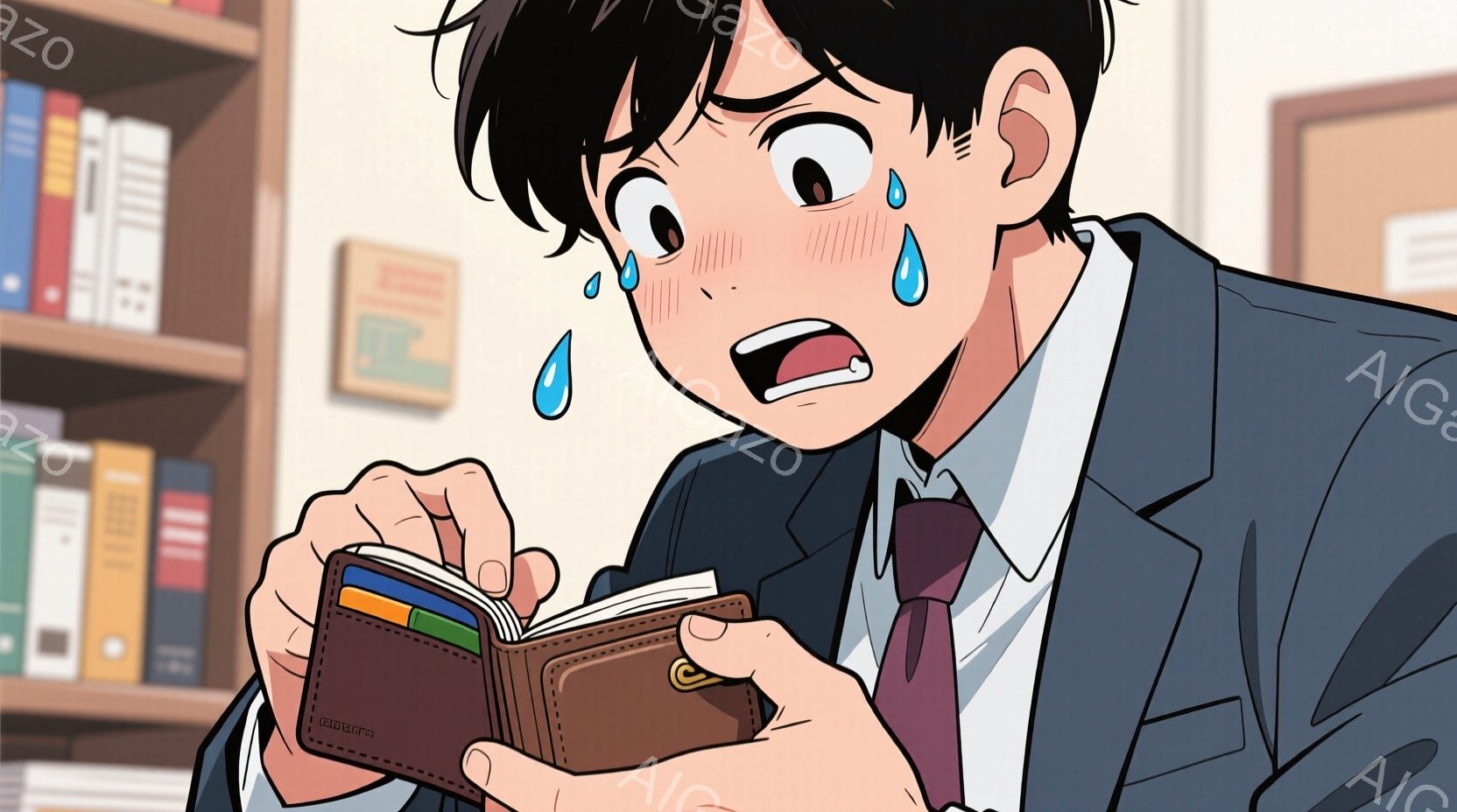 男性キャラクターが、悩んだ表情で書類を見つめる。髪は長く、前髪が目に隠れている。彼はスーツに紺のネクタインとロストワンボブカットをしている。背景は書庫のような場所で、多数の書籍が見える。キャラクターの表情やポジションから、驚きと悩みが伝わる雰囲気が感じられます。