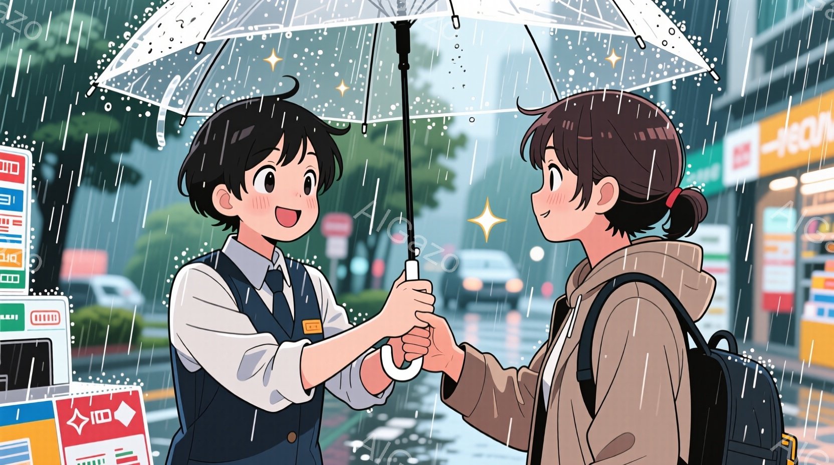 二人が雨の中で遭遇する場面。一方がウェイター、もう一方がお客様と思われる。ウェイターは背咽、お客様は笑顔でハンドバッグを手に持っている。店の看板や車が背景にあり、天気は雨が止んでいる。