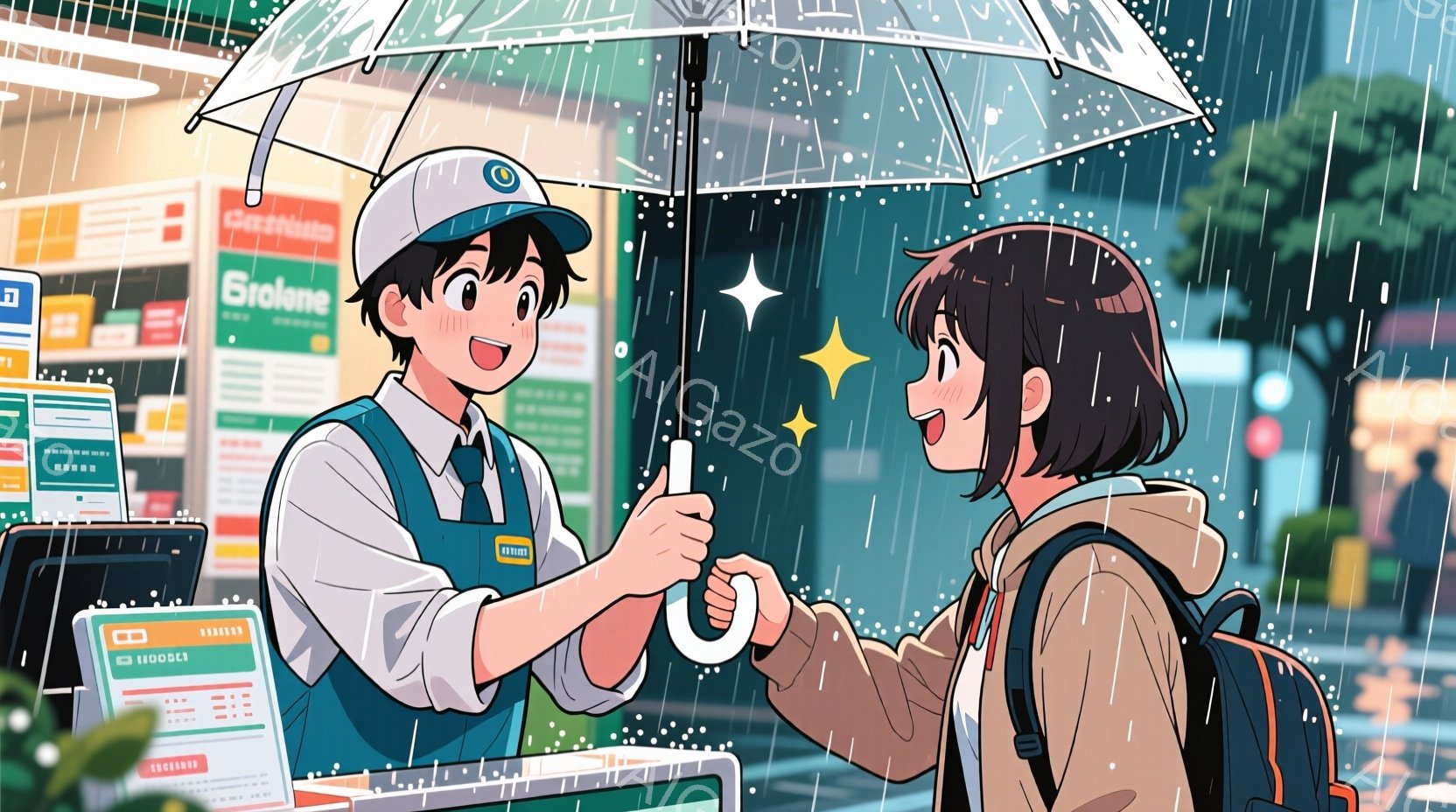 雨の降る中、コンビニのレジでお金を渡す女性と受け取る男性が描かれています。女性は茶色のショートヘアでベージュのジャケットとリュックサックを着用し、笑顔で男性に手を差し伸べています。男性は紺色の制服と帽子を着用し、笑顔で女性からお金を受け取っています。