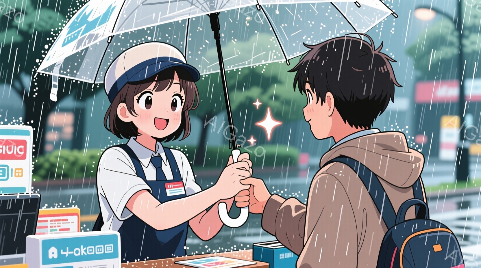雨の日に、制服を着た女の子が男の子に何かを渡しています。女の子は紺色のベレー帽をかぶり、笑顔で、男の子は茶色のジャケットを着て、少し照れくさそうに受け取っています。背景には、雨に濡れた建物や緑豊かな植物が見え、全体的に温かく、少し甘い雰囲気が漂っています。