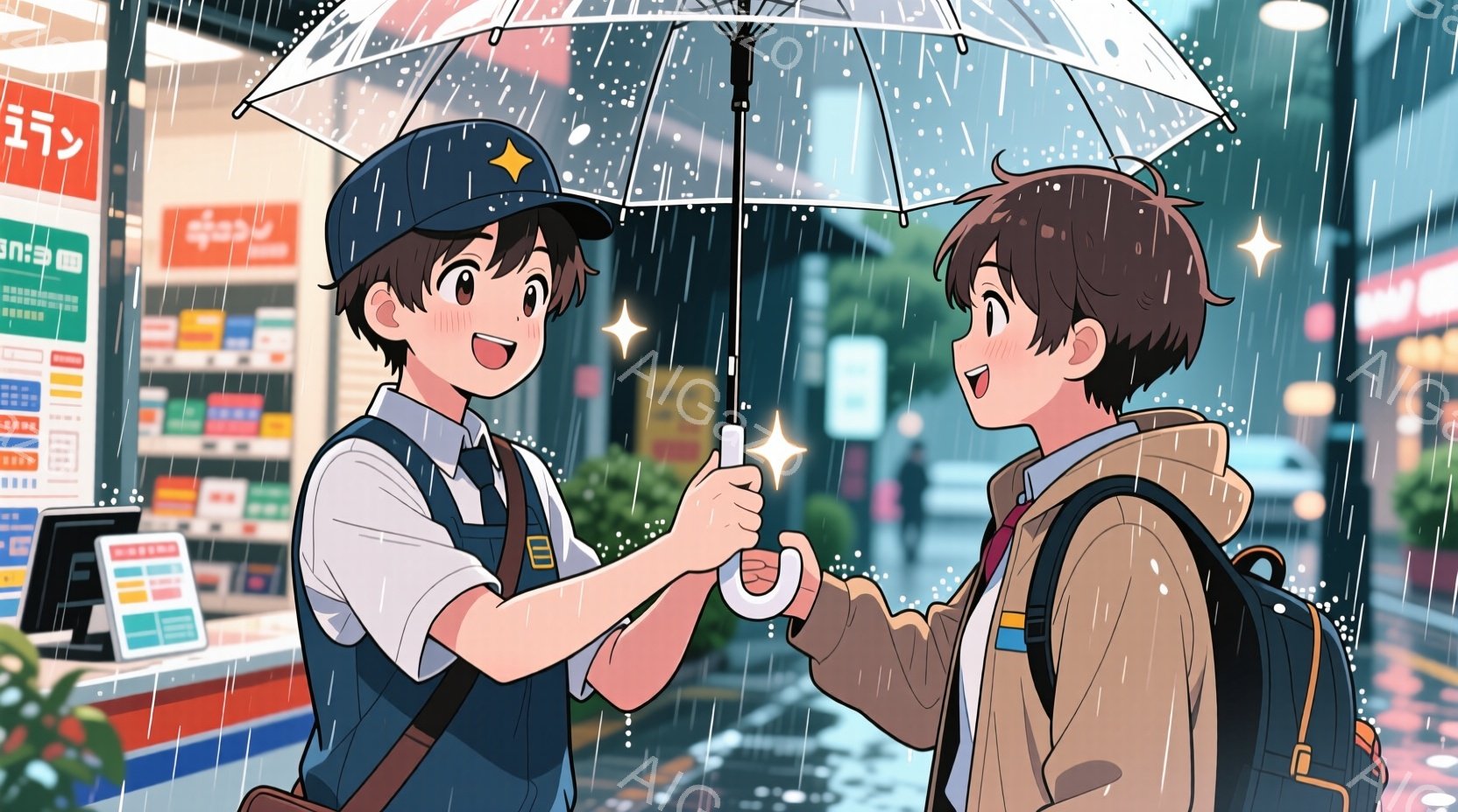 少年と少女が雨の中、傘を共有して見つめ合っているイラストです。少年は制服のような服装で、黒髪の短い髪型、少し照れたような表情をしています。背景にはドラッグストアや建物が見え、雨が降っている様子が描かれており、全体的に暖かく、甘い雰囲気が漂っています。