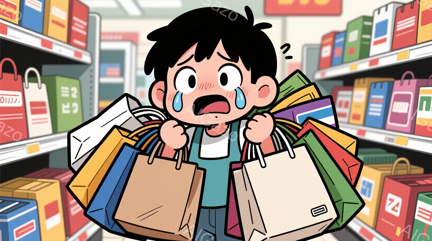 イラスト：少年が詰まったショッピングバッグを背負い、驚きの表情。背景は明るく、明るい色で、レジや商品が見える超マーケットのような場所。 - AI生成フリー素材