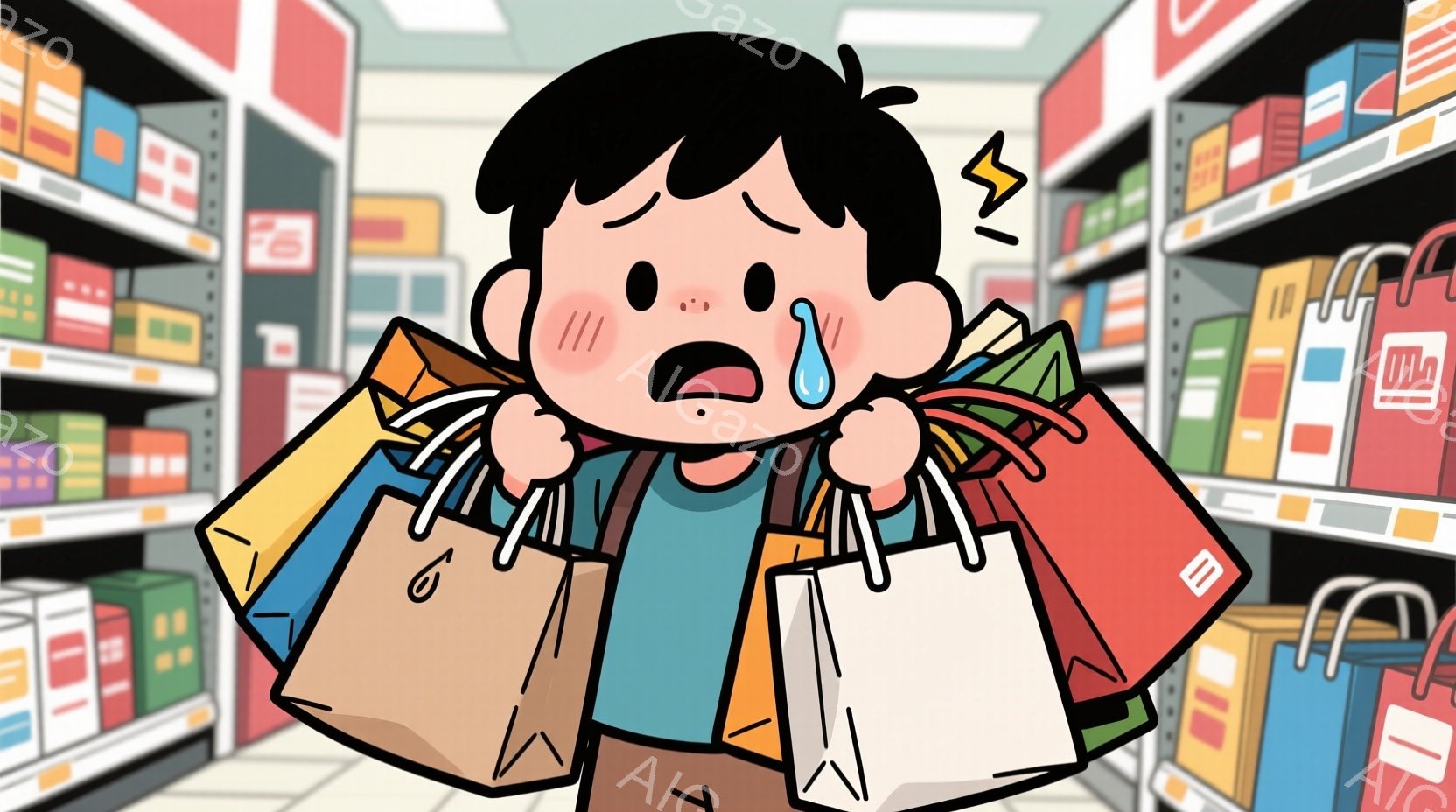若い男の子が大量の買い物袋を抱え、困り果てた表情をしています。青いシャツを着ており、黒髪は短く、頬は赤く、目は大きく見開かれ、汗が流れています。背景には商品が並んだ棚が並び、スーパーマーケットやドラッグストアのような店内であることがわかります。