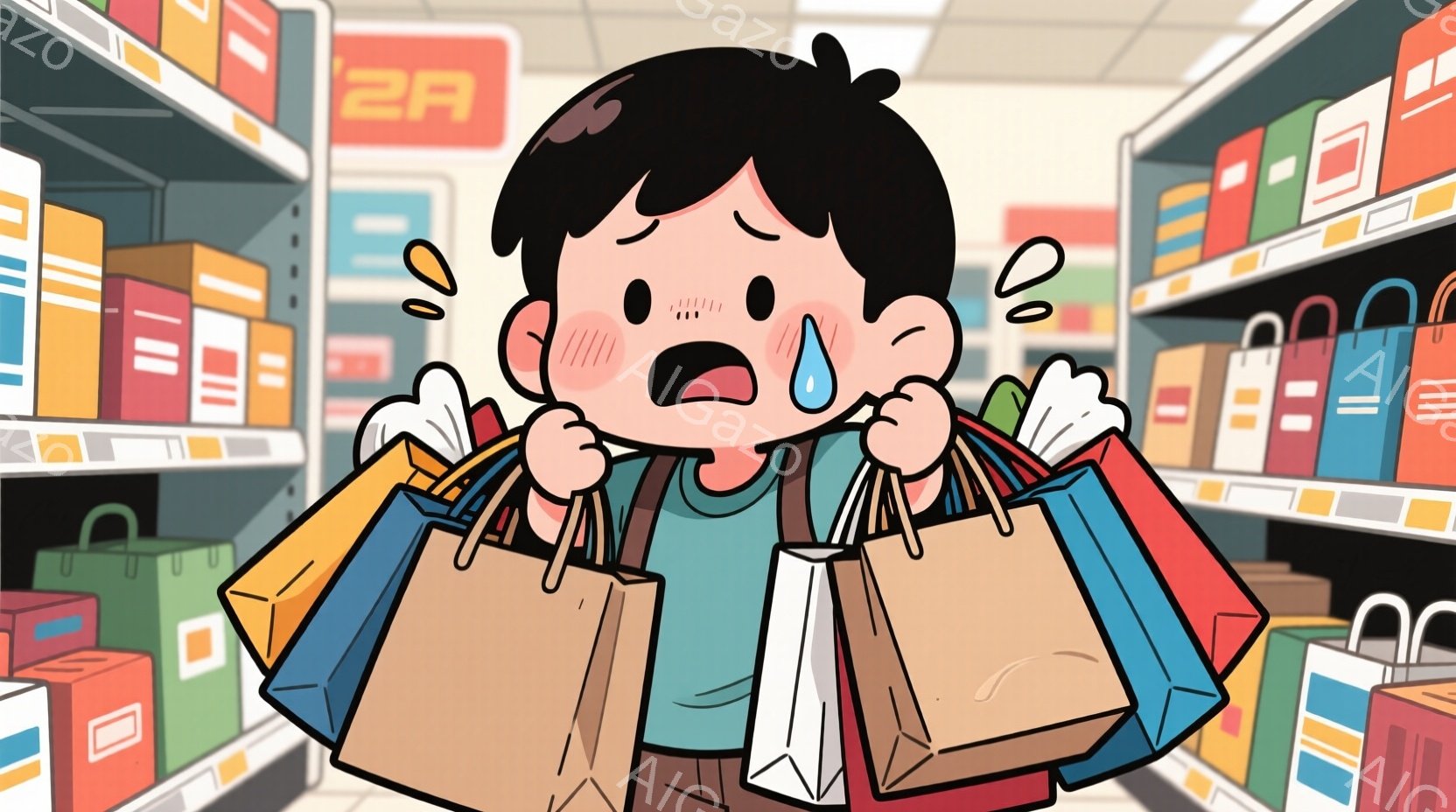 少年は大量の買い物袋を抱え、困憊した表情をしています。彼は茶色のショートヘアで、青いTシャツと茶色のズボンを着用しており、頬は赤く、額には汗が光っています。背景には商品が並んだ棚があり、まるでスーパーマーケットのようですが、少年の表情から疲労と負担が伝わってきます。