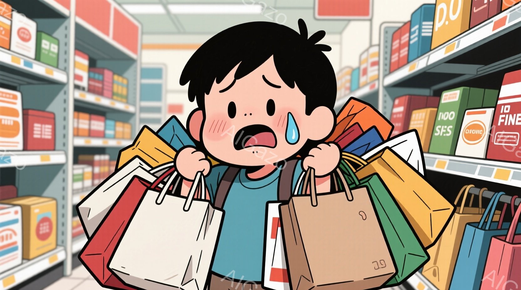たくさんの買い物袋を抱えた少年が描かれています。少年は黒髪で、驚いた表情をしており、頬は赤く、汗をかいています。背景には、様々な商品が並んだスーパーマーケットの棚があり、全体的に慌ただしさや負担を感じさせる雰囲気です。