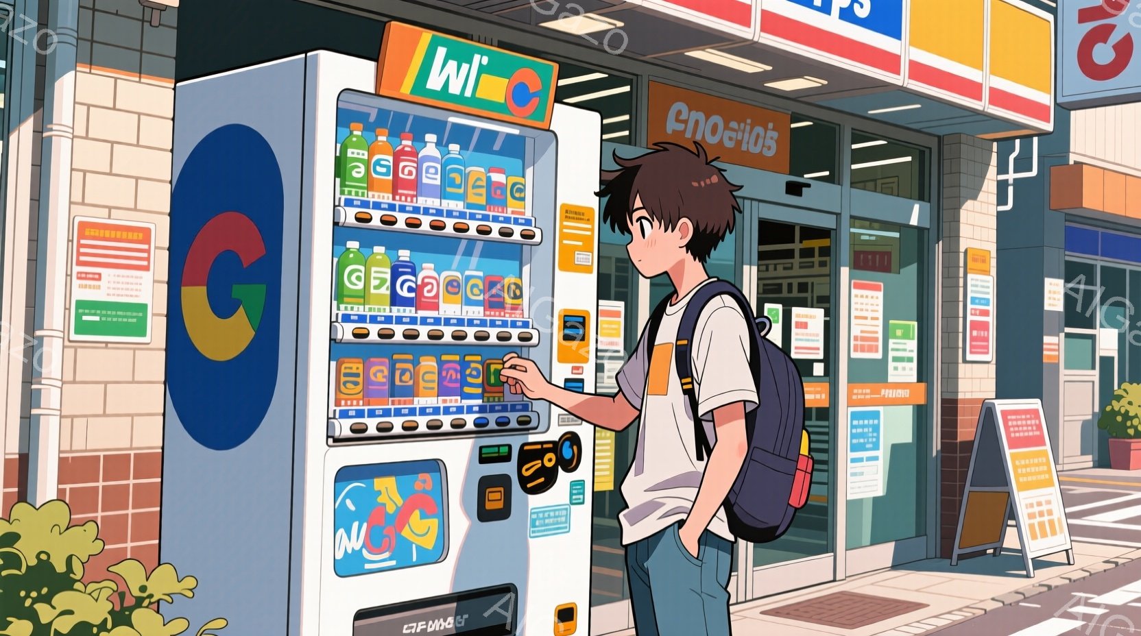 若い男性が自動販売機の前で飲み物を購入しようとしています。彼は明るい茶色の髪で、紺色のシャツにバックパックを背負っています。背景には、カラフルな看板や植木のある建物が見え、晴れた日の穏やかな雰囲気が漂 - AI生成フリー素材