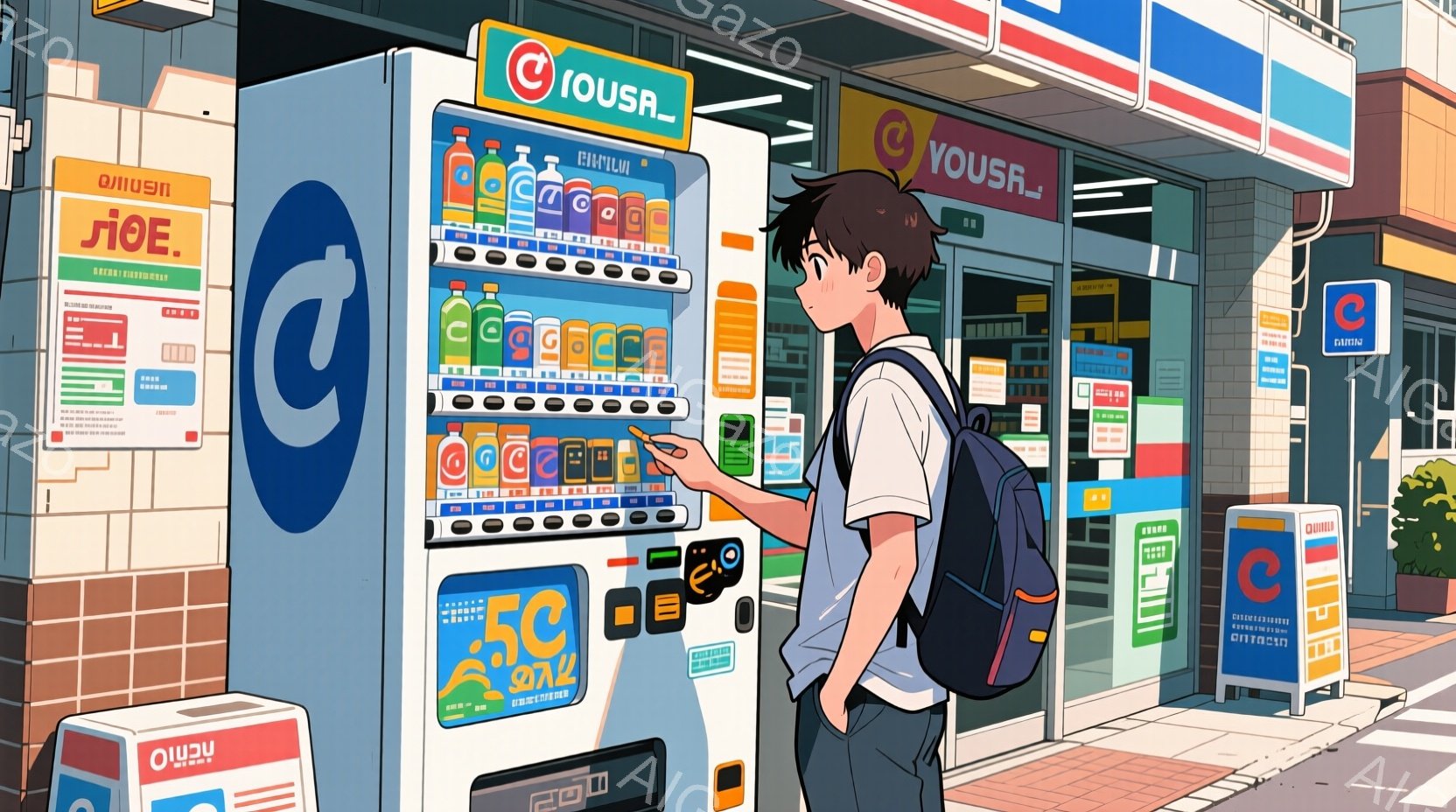 若い男性が自動販売機の前で飲み物を選んでいる様子が描かれています。彼は紺色のジャケット、白いTシャツ、そしてリュックサックを背負っており、黒髪を短く切っています。背景には、自動販売機が並び、桜の木が見 - AI生成フリー素材