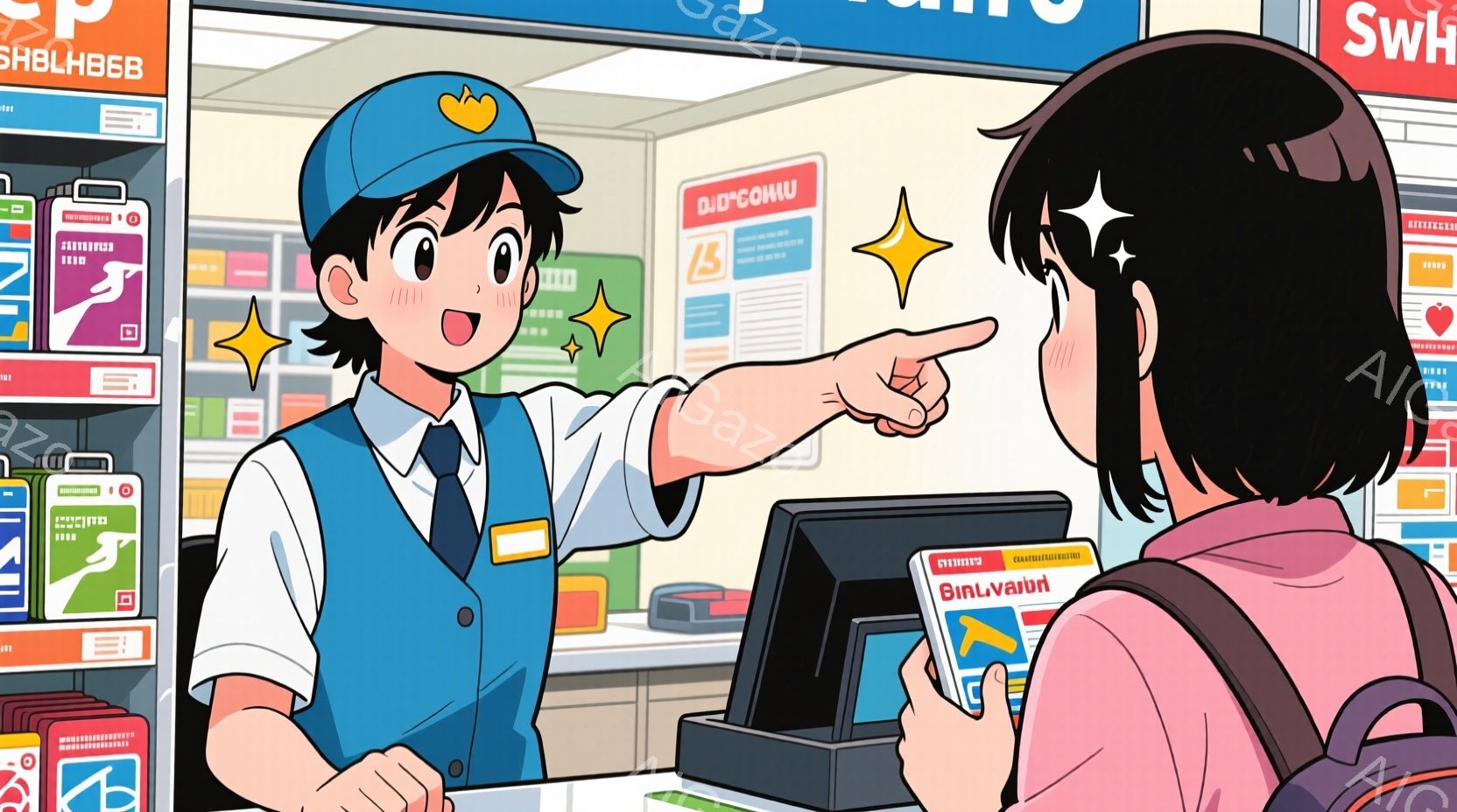 店員は紺色の制服と帽子を着用し、笑顔で女性客に何かを指し示しています。女性客は黒髪で、少し驚いた表情で店員の方を見ています。背景には商品が並んだ棚とレジがあり、明るく活気のあるコンビニエンスストアの雰囲気です。