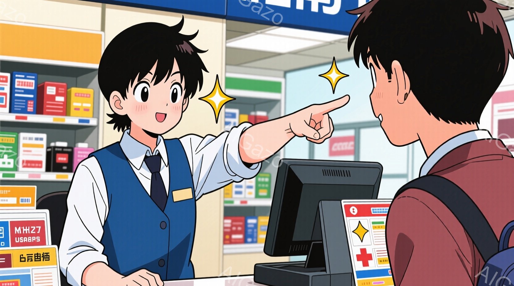 薬局のカウンターで、若い男性店員がお客様に何かを説明している場面です。店員は青いシャツにベストを着用し、黒髪を短く整えています。お客様は赤いジャケットを着ており、店員の説明に耳を傾けています。