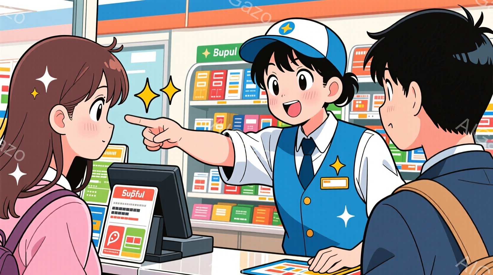 コンビニエンスストアのレジカウンターを背景にしたイラストが描かれています。女性は紫色のリュックを背負い、指を伸ばして商品先を指差しており、笑顔で何かを説明している男性店員に注目しています。背景には商品棚が並び、全体的に明るく活気のある雰囲気です。