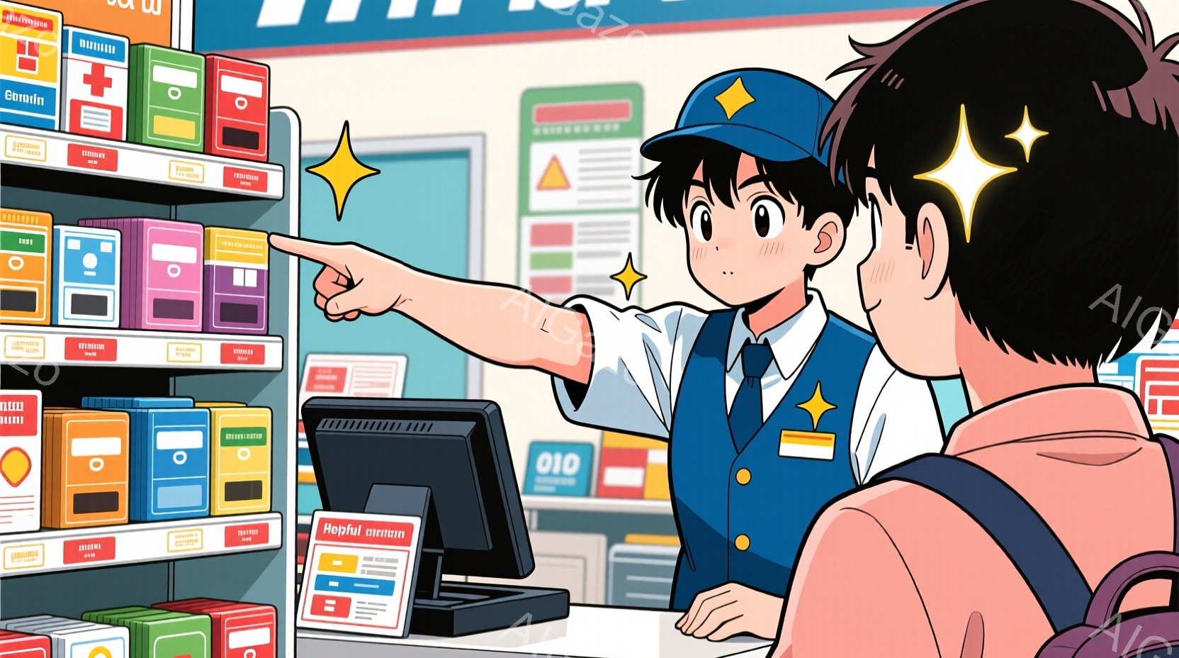 薬局で働く若い男性を描いています。彼は青いユニフォームと帽子を着用し、明るい表情で商品を指し示しています。背景には、様々な医薬品が並んだ棚があり、レジカウンターが設置されています。