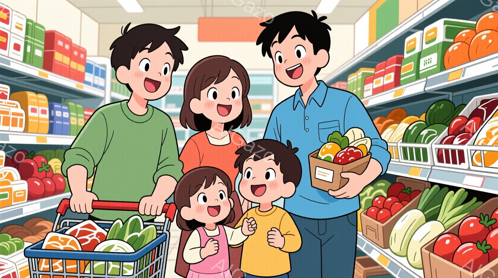 家族がスーパーマーケットで買い物をしている様子が描かれています。母親は赤いシャツを着て、父親は青いシャツを着ています。子どもたちはそれぞれ黄色とピンクの服を着ており、皆笑顔で楽しそうに買い物をしています。