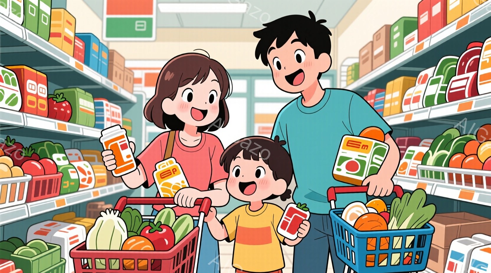 スーパーマーケットの通路で買い物をしている家族を描いています。母親は赤髪で、白いシャツと緑色のスカートを着ており、笑顔でオレンジジュースのパックを手に持っています。息子は黄色と赤のストライプのシャツを着て、母親の横で同じジュースのパックを指差しており、父親は青いシャツを着て、別のジュースパックを持っており、皆明るい表情で幸せそうです。