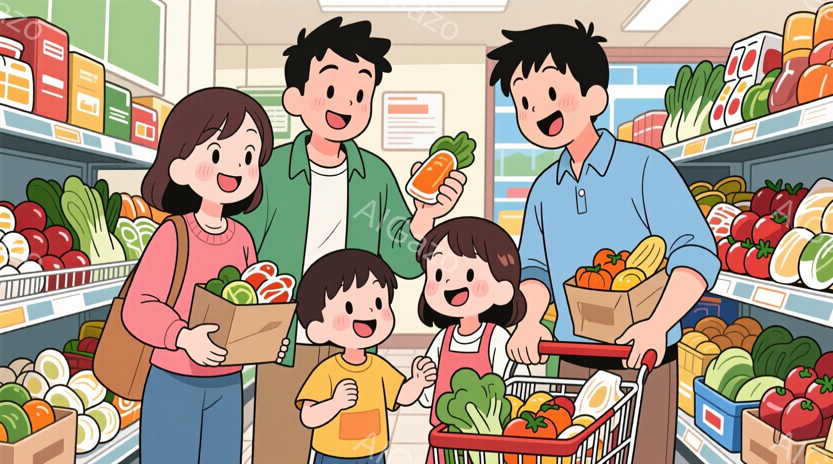 家族四人がスーパーマーケットで買い物をしている様子が描かれています。母親はピンク色の服を着て、手にビニール袋を持っています。父親は青いシャツを着て、ニンジンを選んでおり、子供たちは笑顔でカートの中の野 - AI生成フリー素材