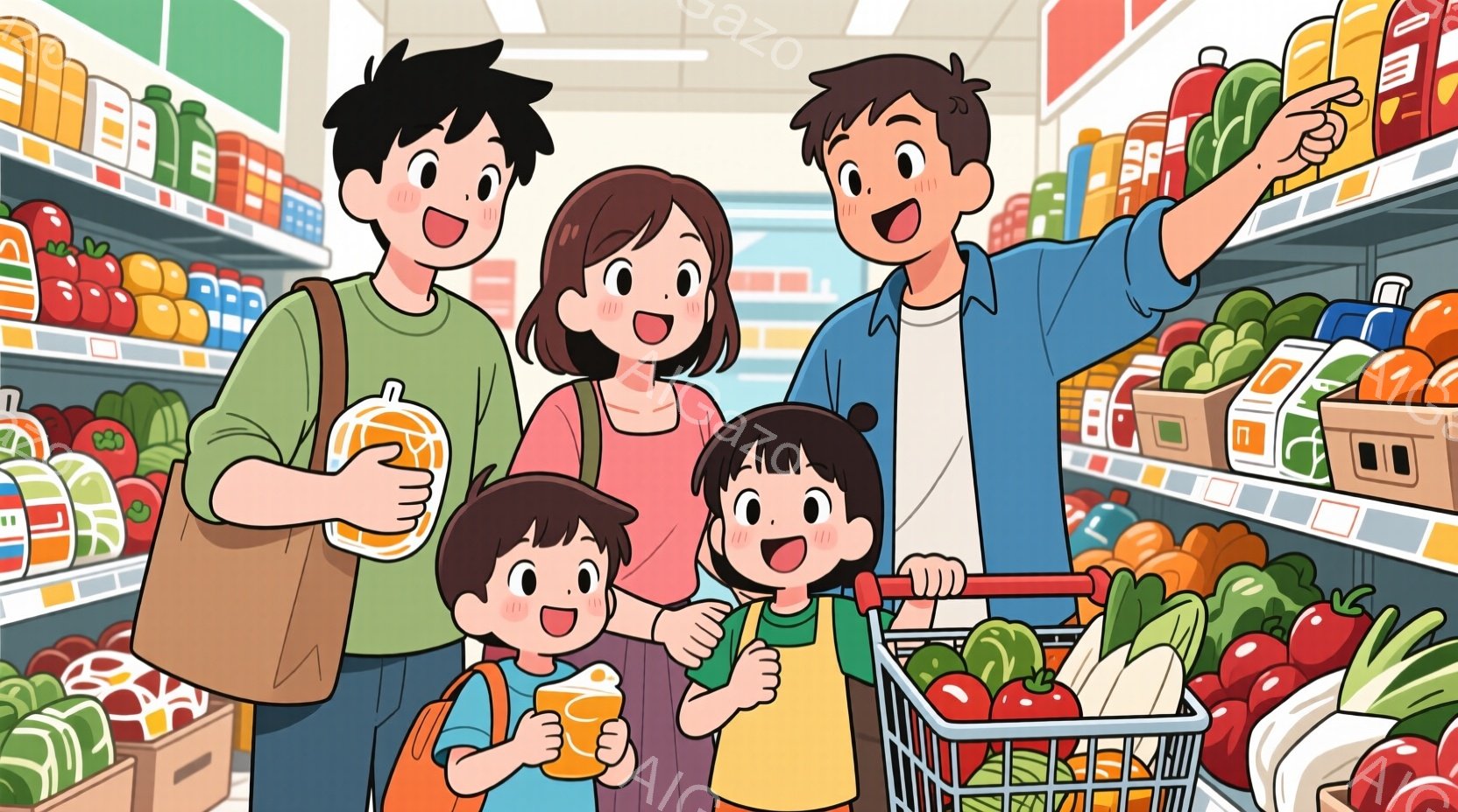 4人の家族がスーパーマーケットで買い物をしている様子が描かれています。母親はオレンジ色の服を着て笑顔で、父親は青い服を着て上の棚の商品を指差しています。2人の子供たちはそれぞれオレンジ色の服を着てリュ - AI生成フリー素材