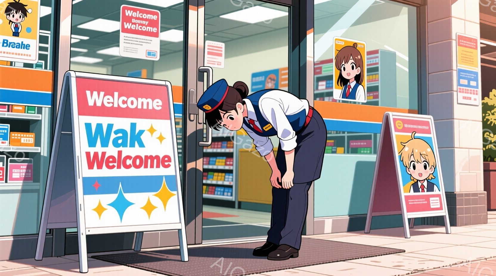 制服を着た若い女性が店の入り口で深々と頭を下げています。彼女は短髪で、紺色の制服シャツにネクタイ、黒いスカート、黒い靴を履いています。背景には商品が並んだ店内の様子が見え、入り口には「Welcome」と書かれた看板が設置されています。