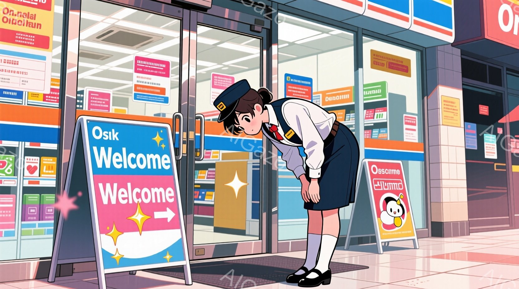 制服を着た女子学生がコンビニエンスストアの入り口で挨拶をしている様子が描かれている。彼女は紺色のブレザー、白いシャツ、チェックのスカート、膝下まで伸びる白いソックス、黒いローファーを着用し、髪はポニーテールに結われている。背景にはコンビニエンスストアの入り口と看板が見え、全体的に明るく、活気のある雰囲気である。