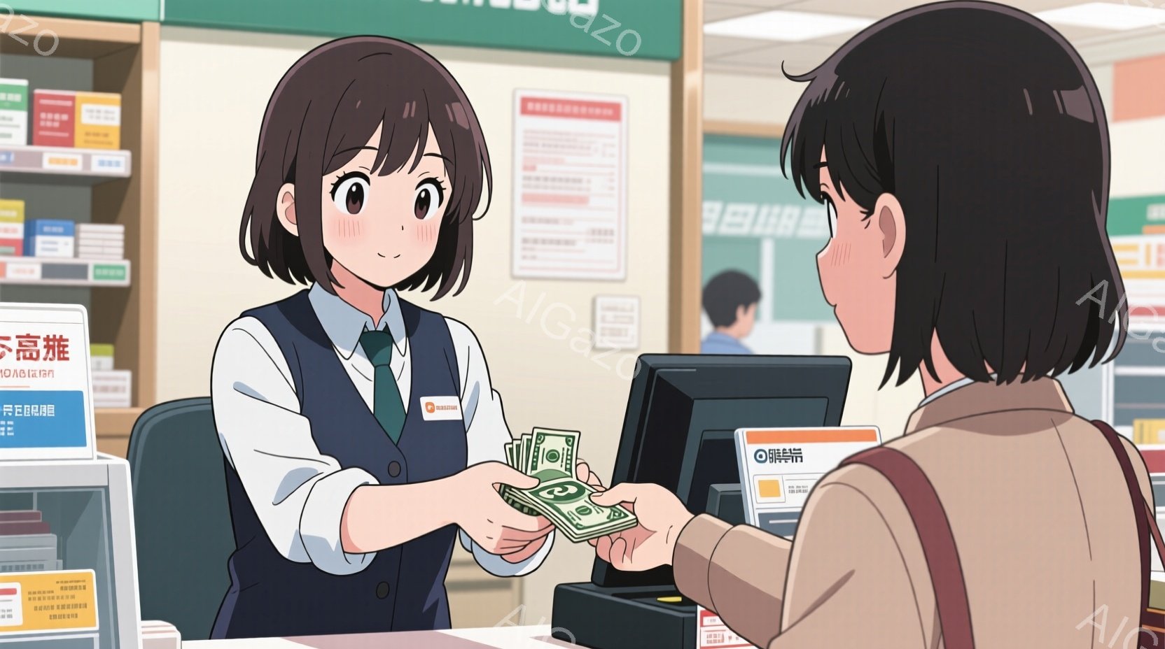 レジカウンターで、若い女性店員が客に現金を渡しています。女性は茶色の短い髪で、紺色の制服ベストと白いシャツを着ています。レジの背景には商品棚が見え、明るく清潔な雰囲気です。