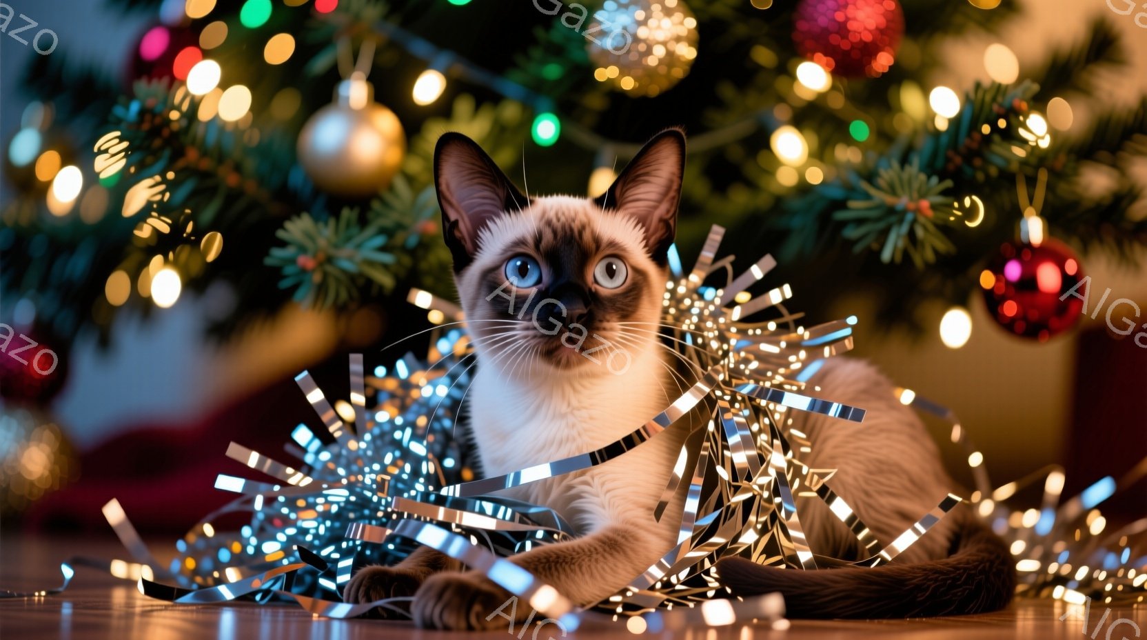 シーランドの猫が、キラキラした銀色のリボンにくるまれて床に横たわっています。その猫は、明るい青い目でカメラを見つめ、少しいたずらっぽい表情を浮かべています。背景には、色とりどりのオーナメントで飾られたクリスマスツリーがあり、暖かくお祝いムードの室内であることがわかります。