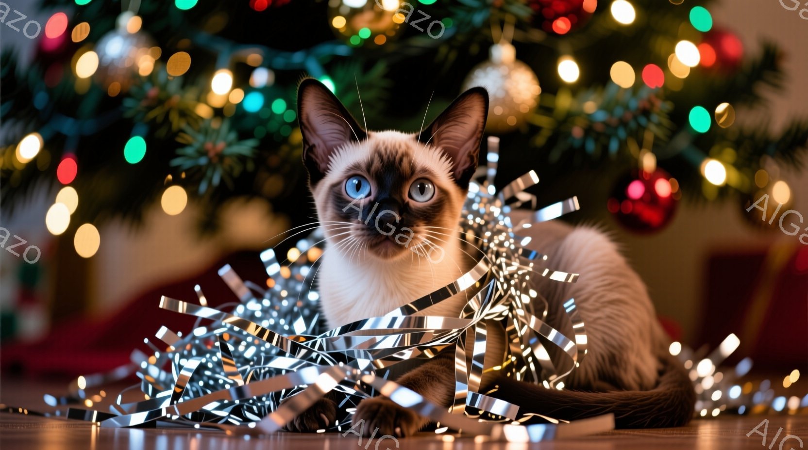 シーマーズ猫がクリスマスツリーの足元に座り、銀色のガーランドに囲まれています。猫は青い目を持ち、少し驚いたような表情で正面を見つめています。背景にはぼやけたクリスマスツリーのライトと緑があり、全体的に - AI生成フリー素材