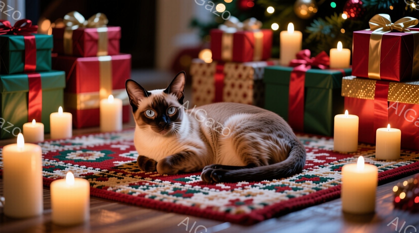 シーマル猫が赤い模様のラグの上に横たわっており、落ち着いた表情でカメラを見つめている。周囲にはカラフルな包装紙で飾られたプレゼントや、灯されたキャンドルが暖かく配置され、クリスマスの雰囲気を醸し出している。背景はぼやけており、木製の床と光のぼんやりとした輝きが確認できる。