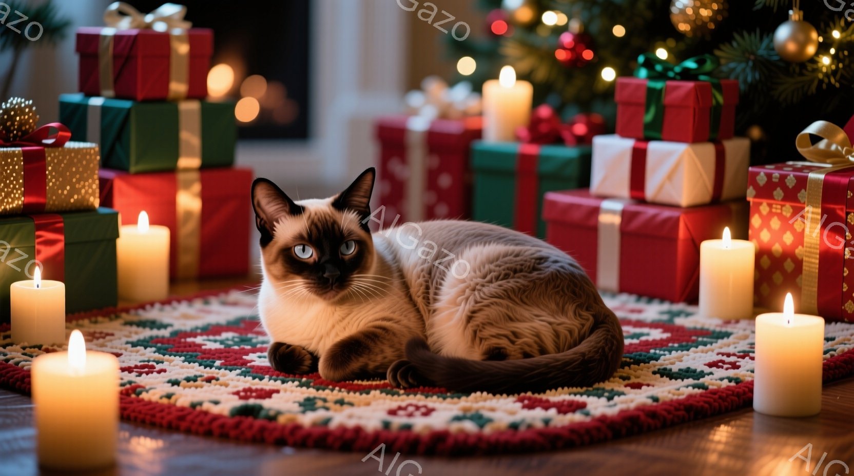 シーマ模様の猫が赤いクリスマス柄のラグの上に座っています。周囲にはラッピングされたプレゼントの山と、灯された白いキャンドルが置かれ、温かい雰囲気を醸し出しています。背景にはぼやけたクリスマスツリーが見 - AI生成フリー素材