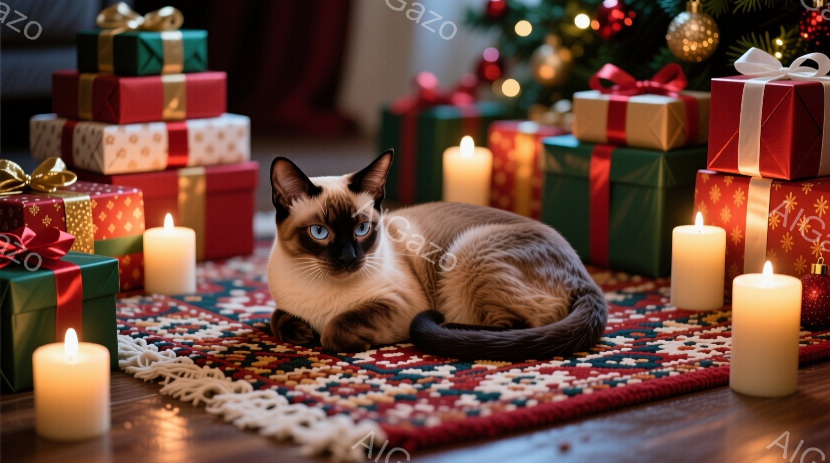 シーモフの猫が、クリスマスのプレゼントの山と灯りの灯りの間に横たわっています。猫はクリーム色の毛並みと濃い色の顔と耳を持っており、青い瞳が印象的です。背景にはクリスマスツリーがあり、暖かく、お祝いの雰 - AI生成フリー素材